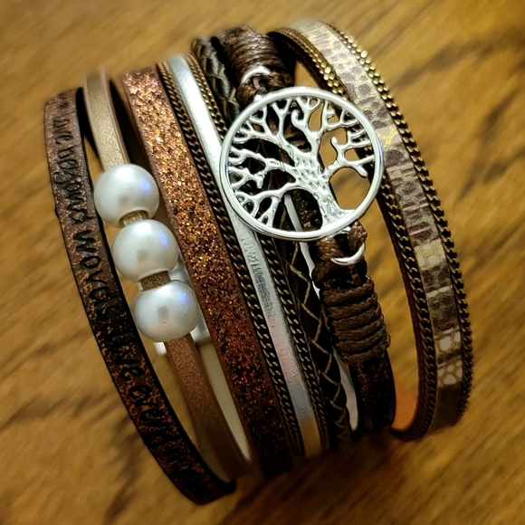 Tree of Life Stacked Bracelet Brown Faux Pearls Silver Magnetic Clasp - Picture 4 of 9